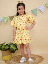 Yellow Floral Print Puff Sleeve Dress with Ruffle Hem