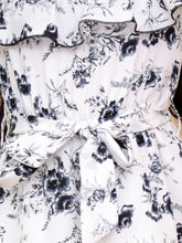 White and Black Floral Print Ruffle Sleeve Cold Shoulder Dress