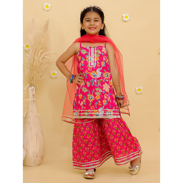Girls Floral Printed Shoulder Straps Pure Cotton Kurta With Sharara & Dupatta