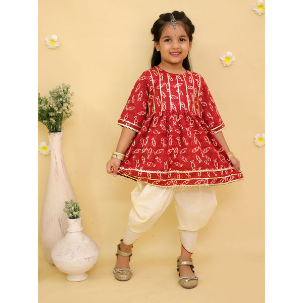 Girls Floral Printed Angrakha Pure Cotton Kurti with Dhoti Pants