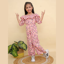 Pink Floral Print Off-Shoulder Design Jumpsuit with Puff Sleeves