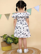 White and Black Floral Print Ruffle Sleeve Cold Shoulder Dress