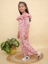 Pink Floral Print Off-Shoulder Design Jumpsuit with Puff Sleeves