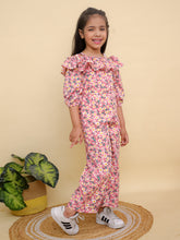 Pink Floral Print Off-Shoulder Design Jumpsuit with Puff Sleeves
