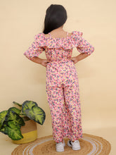 Pink Floral Print Off-Shoulder Design Jumpsuit with Puff Sleeves