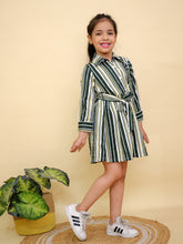 Green & Beige Striped Long Sleeve Shirt Dress with Belt Tie Waist