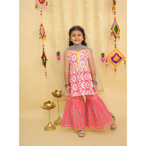 Girls Printed Angrakha Gotta Patti Pure Cotton Kurti with Sharara & With Dupatta