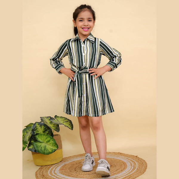 Green & Beige Striped Long Sleeve Shirt Dress with Belt Tie Waist