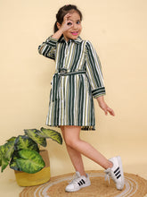 Green & Beige Striped Long Sleeve Shirt Dress with Belt Tie Waist