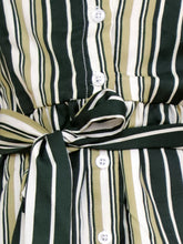 Green & Beige Striped Long Sleeve Shirt Dress with Belt Tie Waist