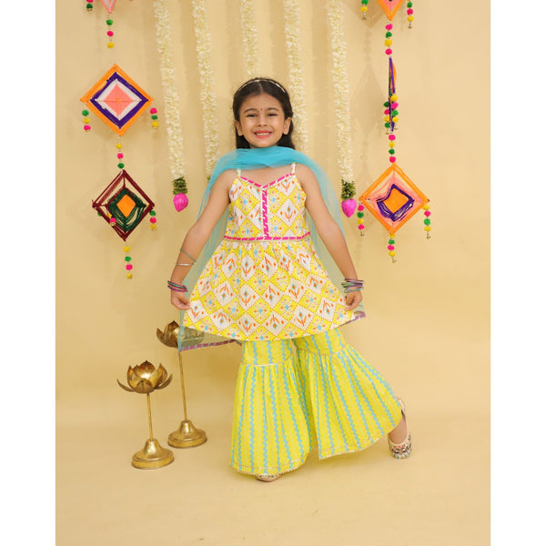 Girls Printed Angrakha Gotta Patti Pure Cotton Kurti with Sharara & With Dupatta
