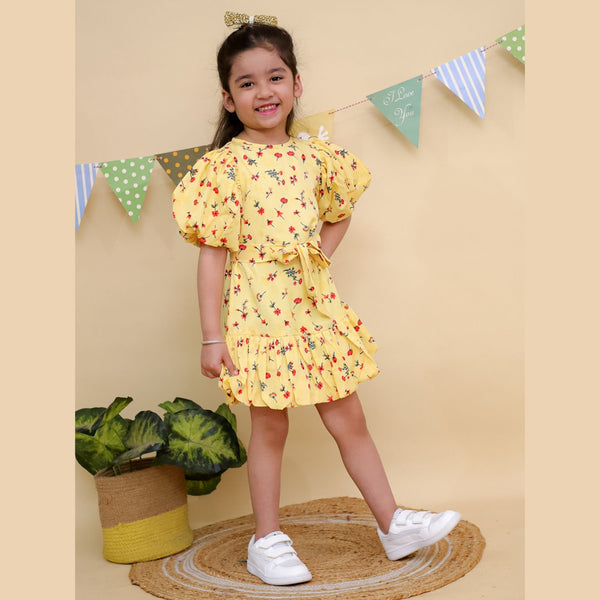 Yellow Floral Print Puff Sleeve Dress with Ruffle Hem
