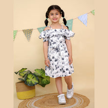 White and Black Floral Print Ruffle Sleeve Cold Shoulder Dress
