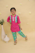 Girls Floral Printed Round Neck Pure Cotton Kurta With Dhoti Pant & Waistcoat