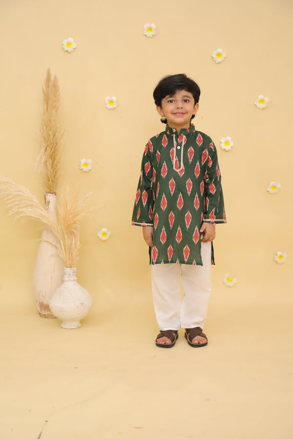 Boys Ikat Printed Mandarin Collar Regular Pure Cotton Kurta with Pyjamas