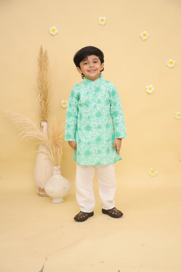 Boys Floral Printed Full Sleeve Pure Cotton Kurta with Pyjamas