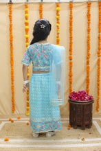 Girls Blue Floral Printed Ready to Wear Cotton Lehenga & Blouse With Dupatta