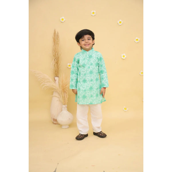 Boys Floral Printed Full Sleeve Pure Cotton Kurta with Pyjamas